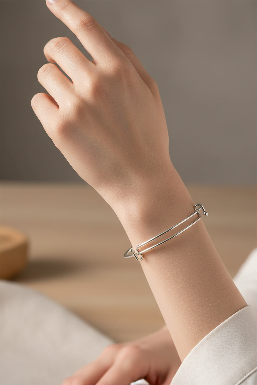 Model wearing expandable bangle - close-up