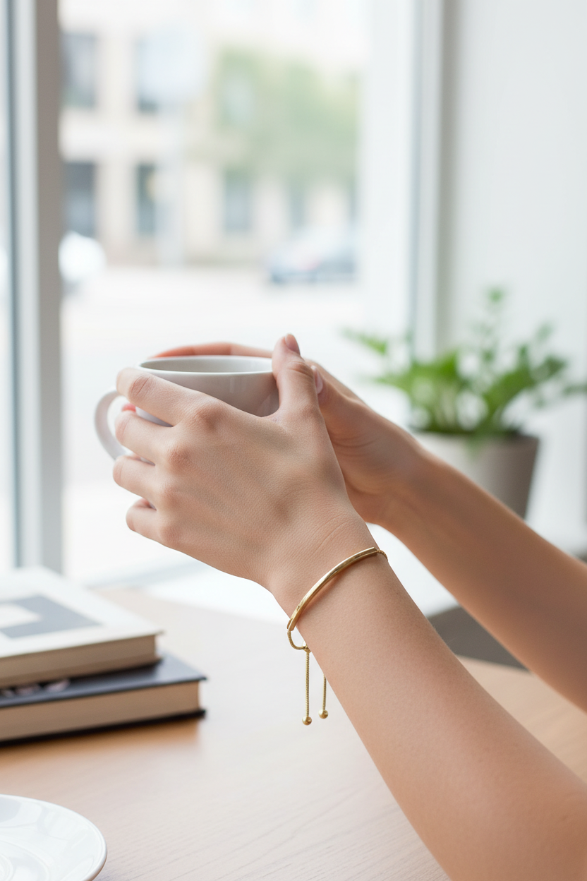 Model wearing gold bar bracelet - casual style