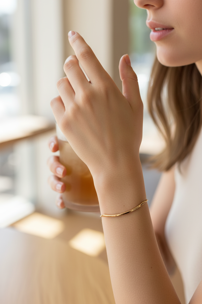 Model wearing gold bar bracelet - close-up