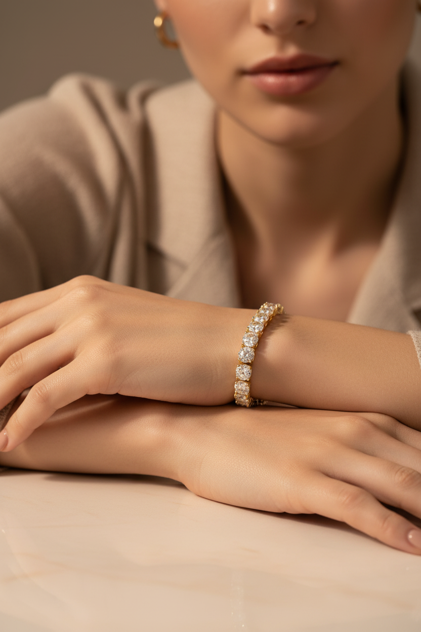Model Wearing Gold Tennis Bracelet