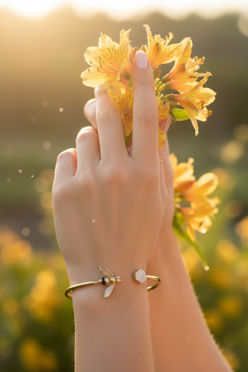 Model wearing honeybee bracelet - golden hour close-up