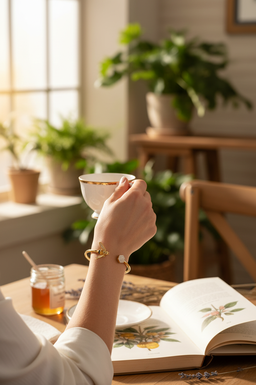 Model wearing honeybee bracelet - lifestyle scene