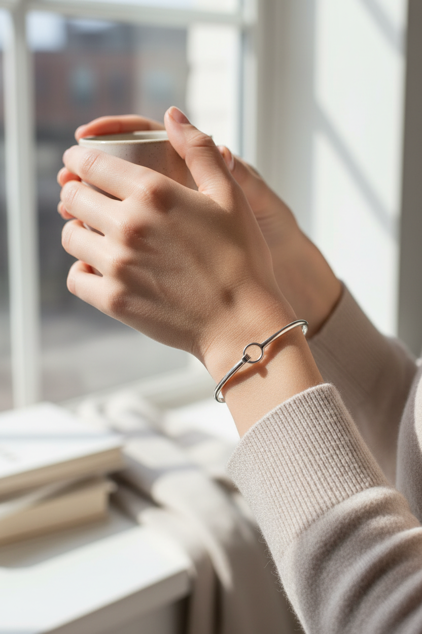 Model wearing hook closure bangle - casual style