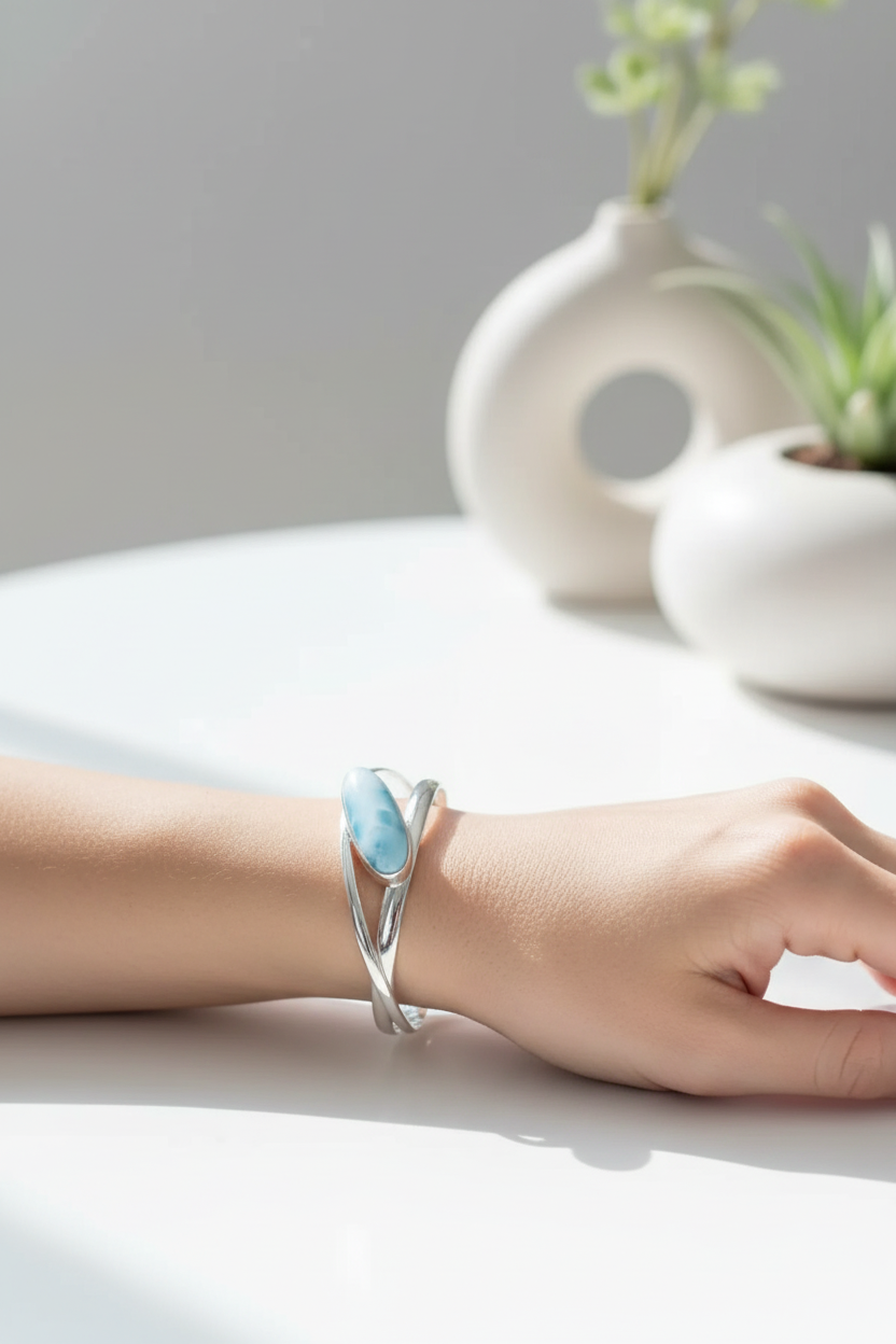 Model wearing larimar cuff - side profile