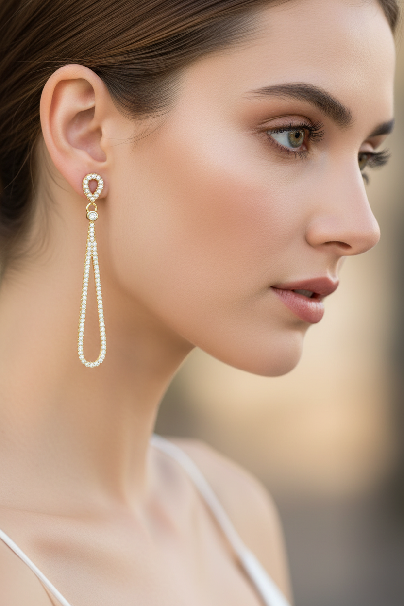 Model wearing pear drop CZ earrings - side profile