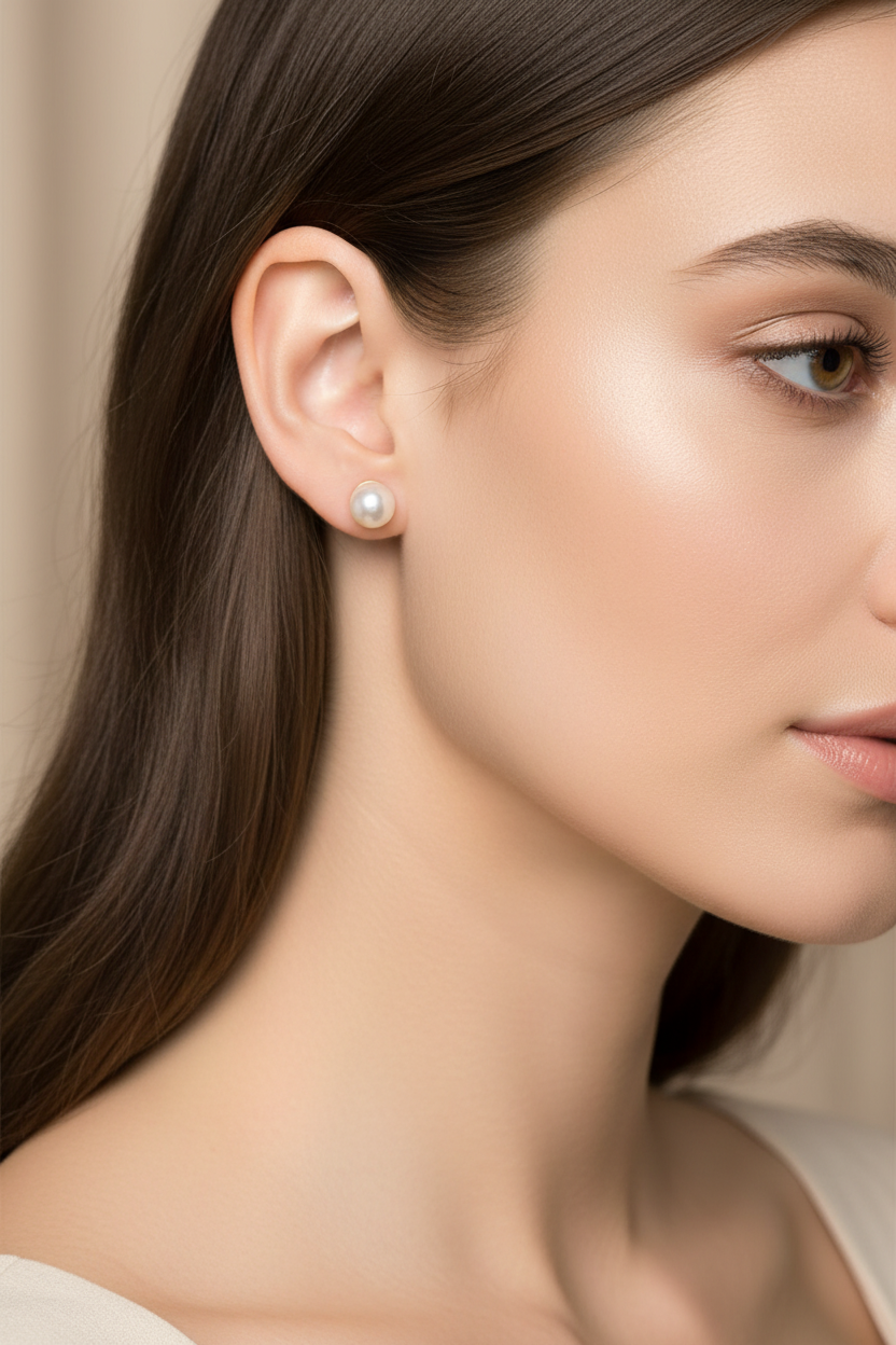 Model wearing pearl earrings - side profile