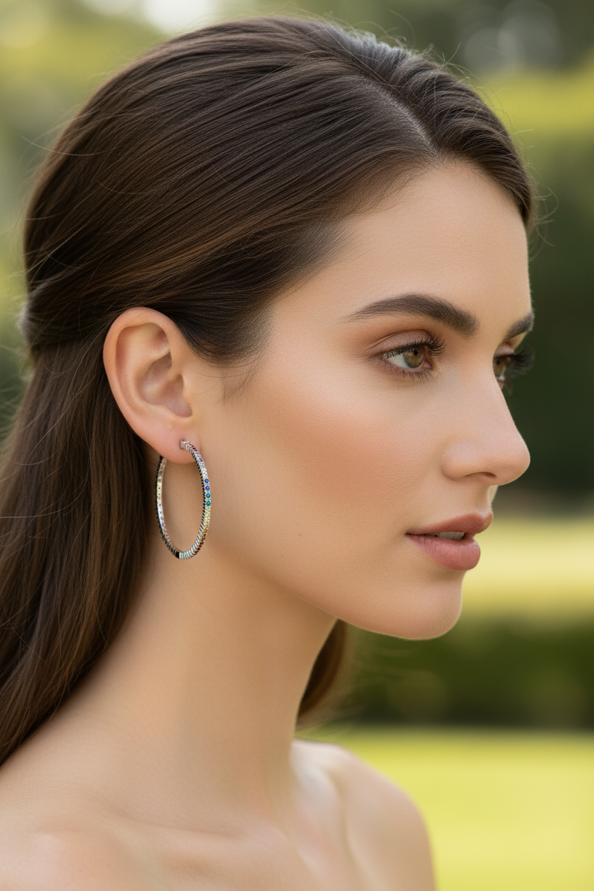 Model wearing rainbow CZ hoop earrings - side profile