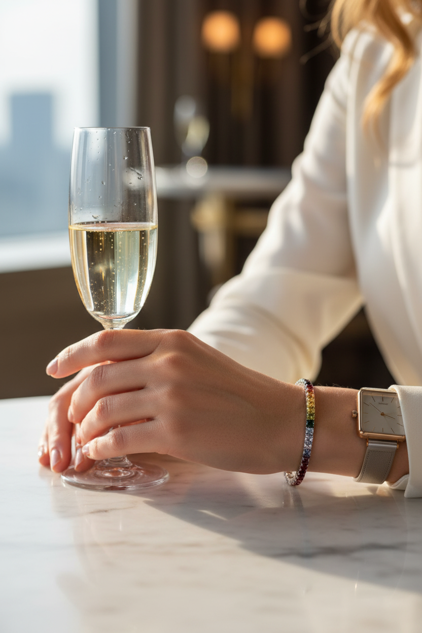 Model Wearing Rainbow Gemstone Bracelet