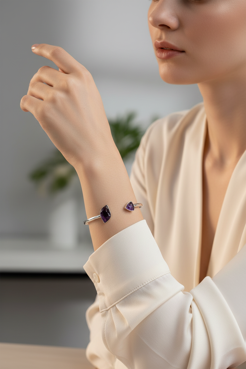 Model Wearing Silver Amethyst Open Cuff Bracelet
