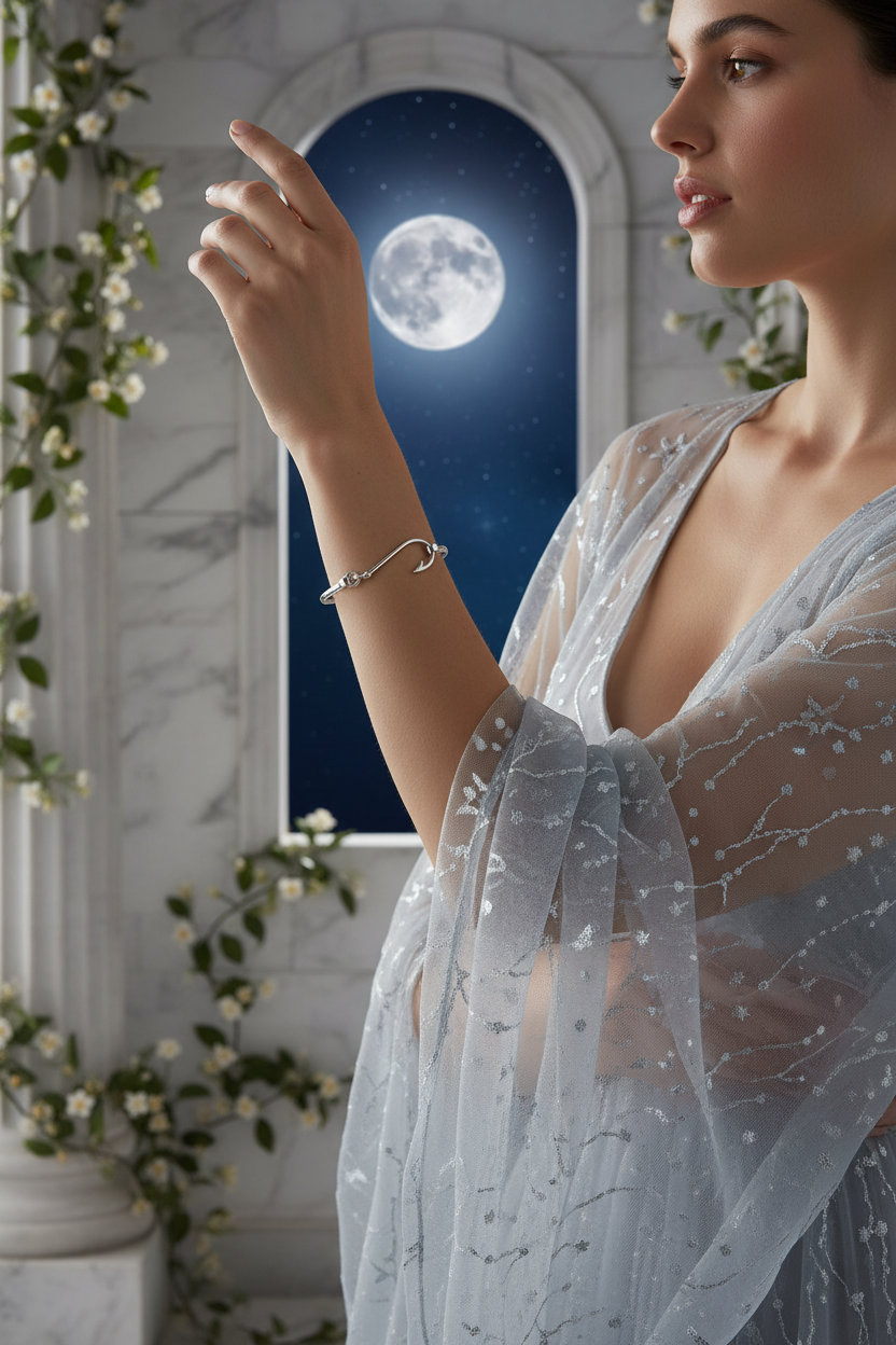 Model Wearing Silver Crescent Moon Bangle - Alternative View