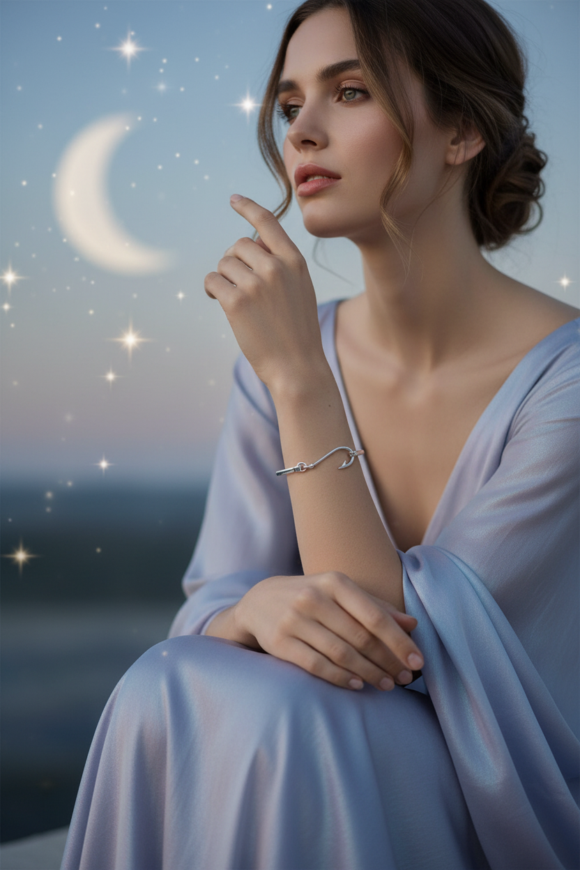 Model Wearing Silver Crescent Moon Bangle