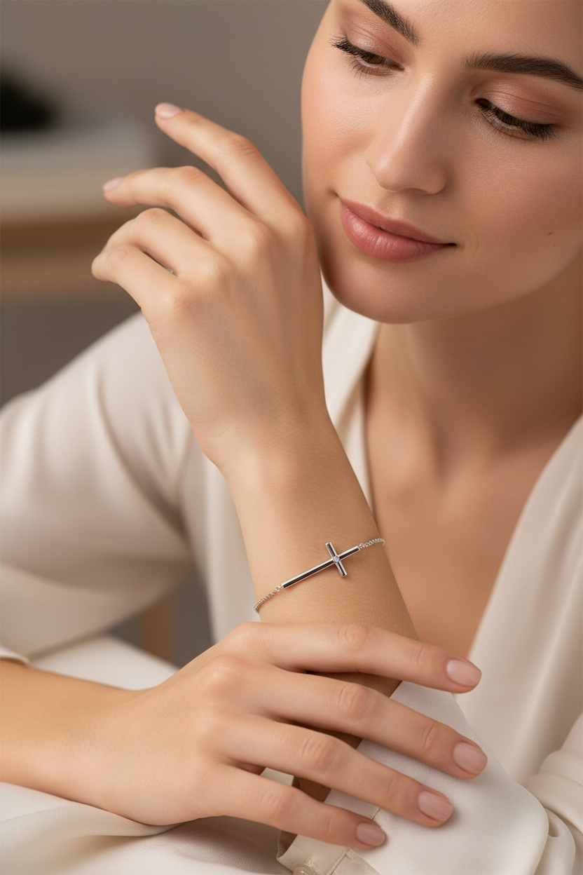 Model Wearing Silver Cross Bracelet