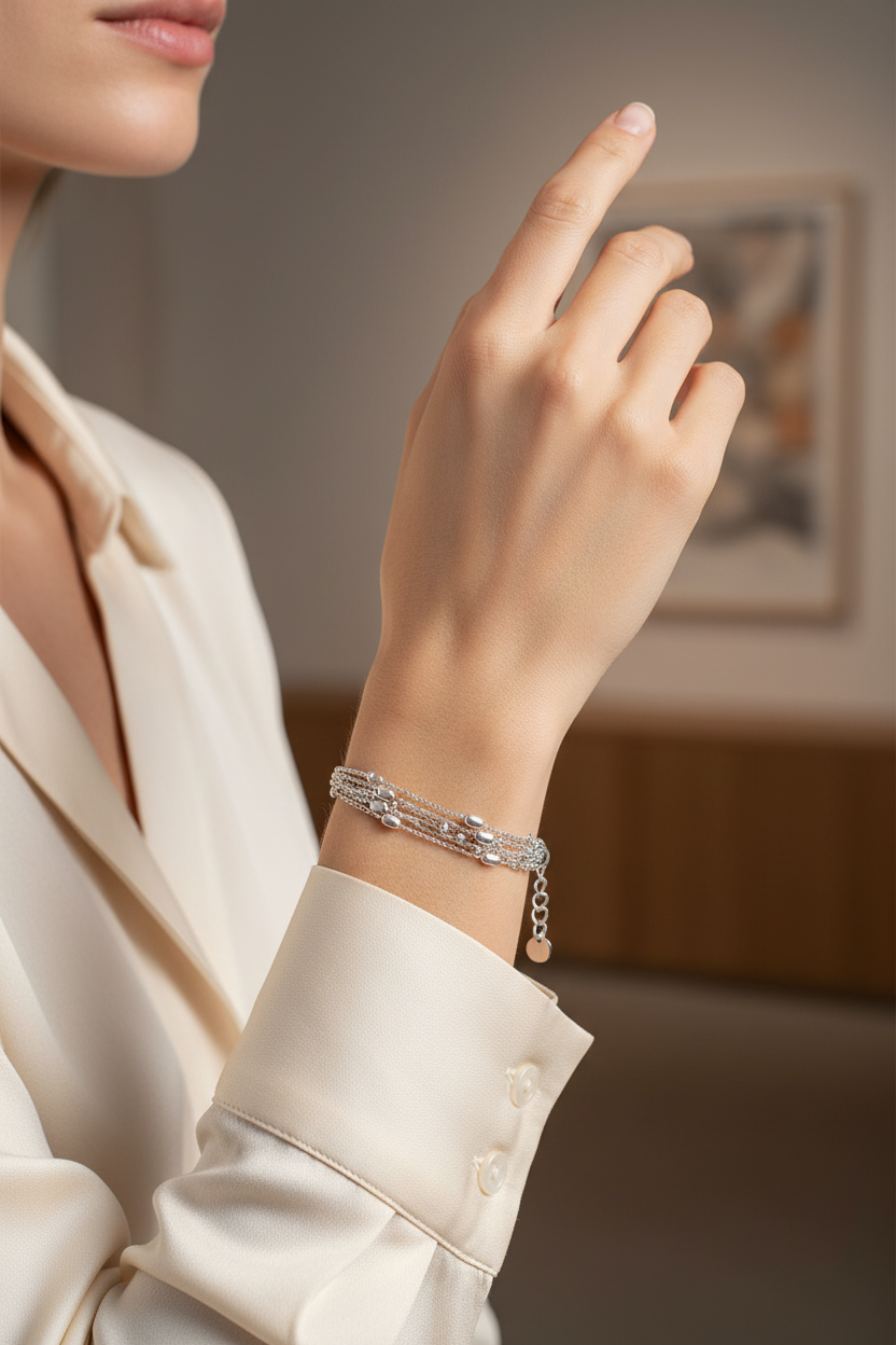 Model Wearing Silver Multi-Strand Bracelet