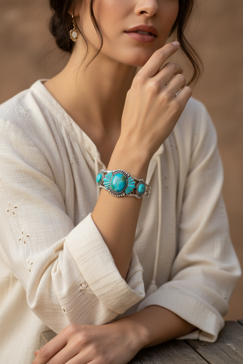 Model Wearing Silver Turquoise Cuff Bracelet