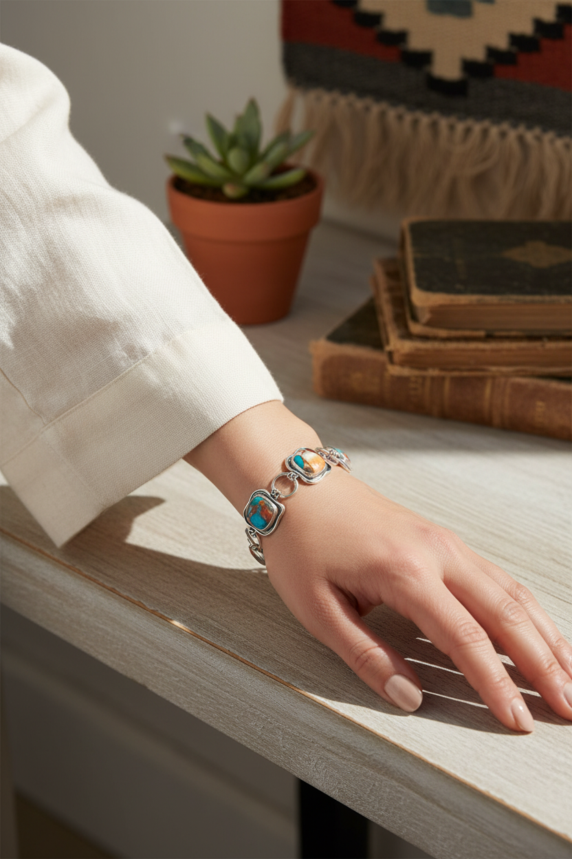 Model wearing turquoise bracelet - bohemian style