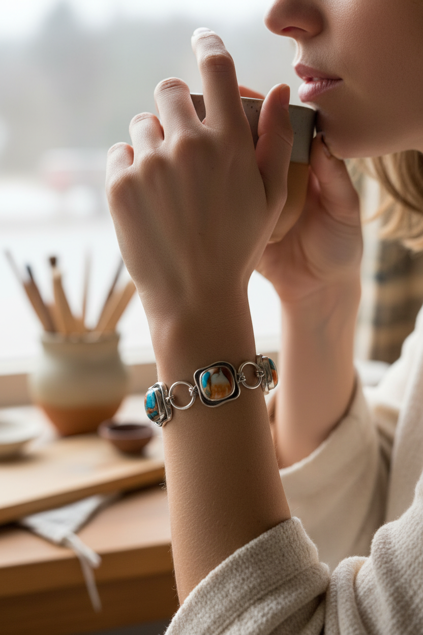 Model wearing turquoise bracelet - close-up