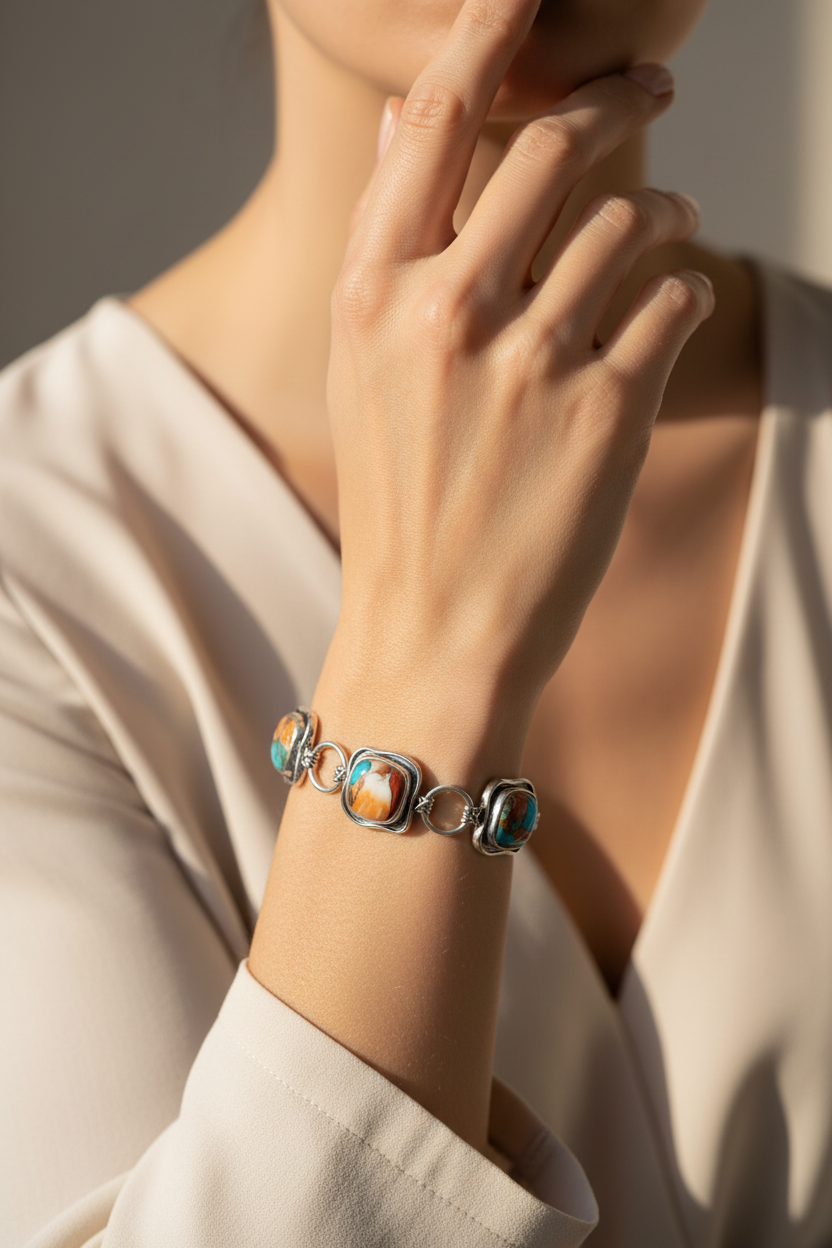 Model wearing turquoise bracelet - elegant pose