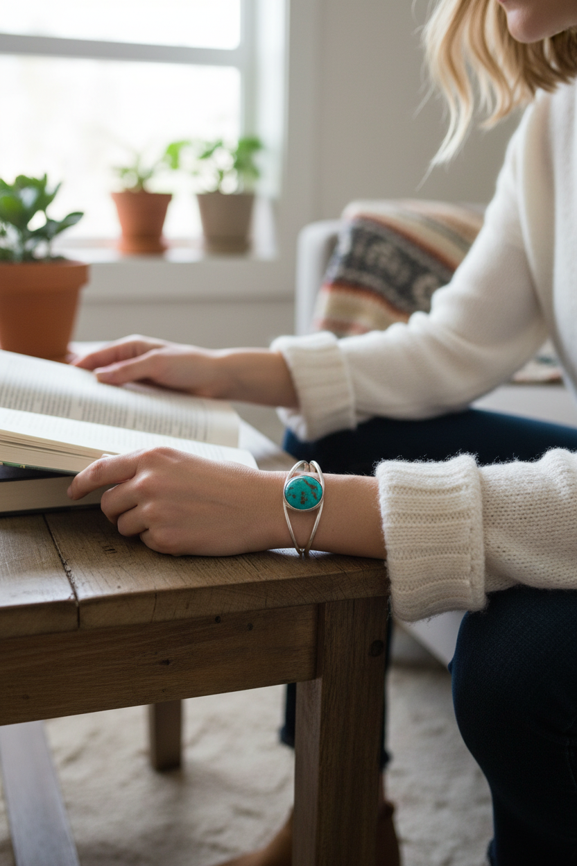 Model wearing turquoise cuff - casual style