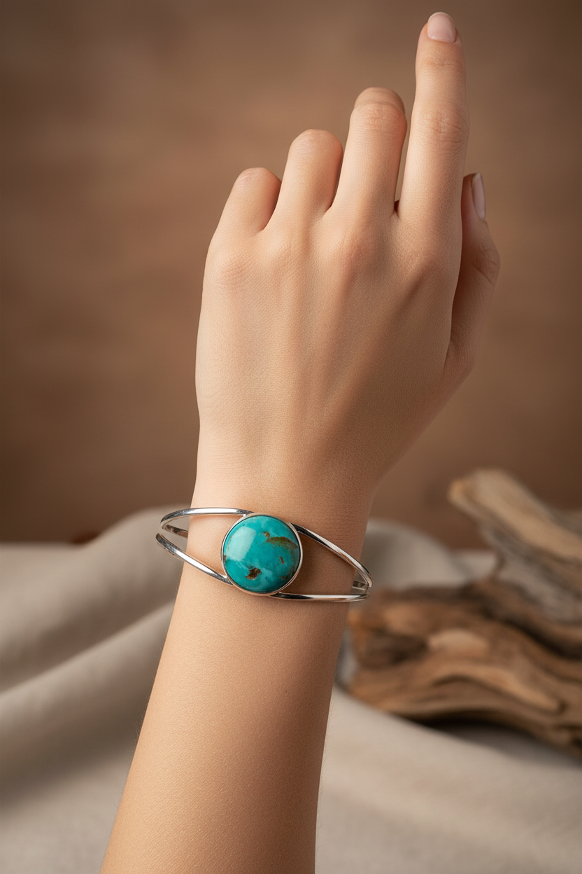 Model wearing turquoise cuff - close-up