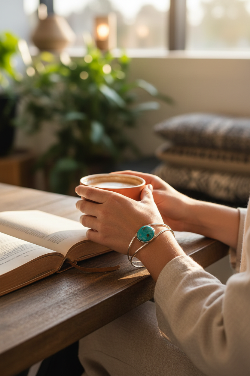 Model wearing turquoise cuff - lifestyle scene