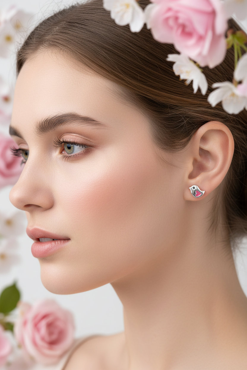 Model with pink and white flowers background