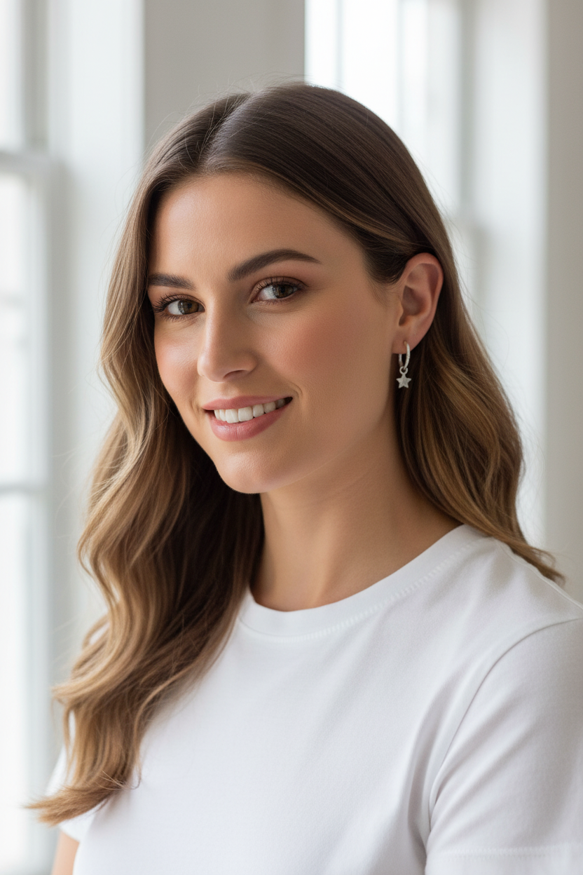 Modern woman wearing celestial mismatch hoops