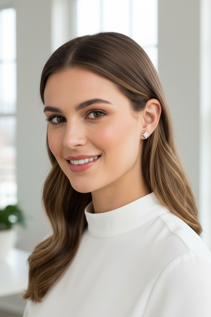 Modern woman wearing celestial whispers studs
