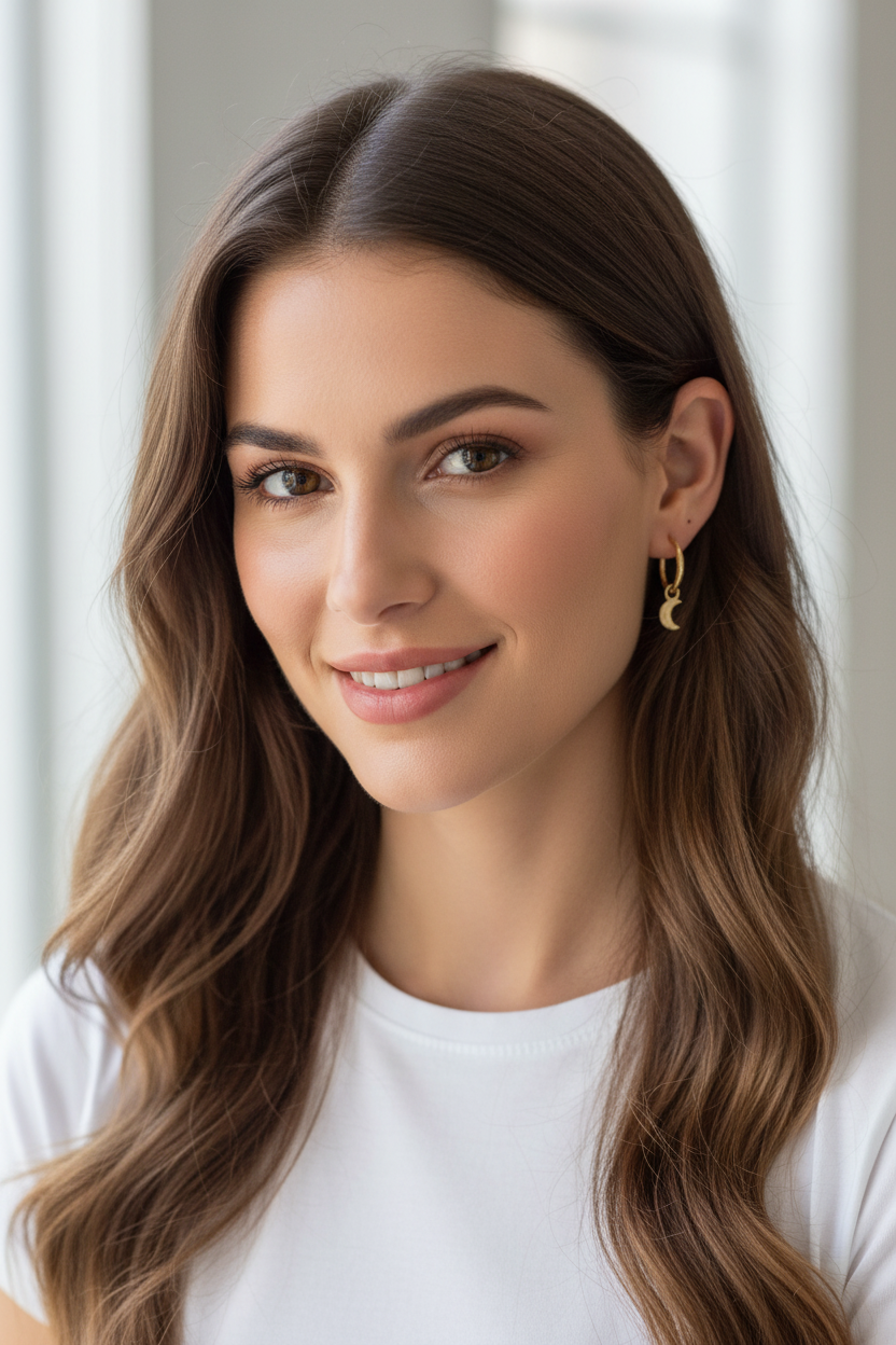 Modern woman wearing golden celestial mismatch hoops