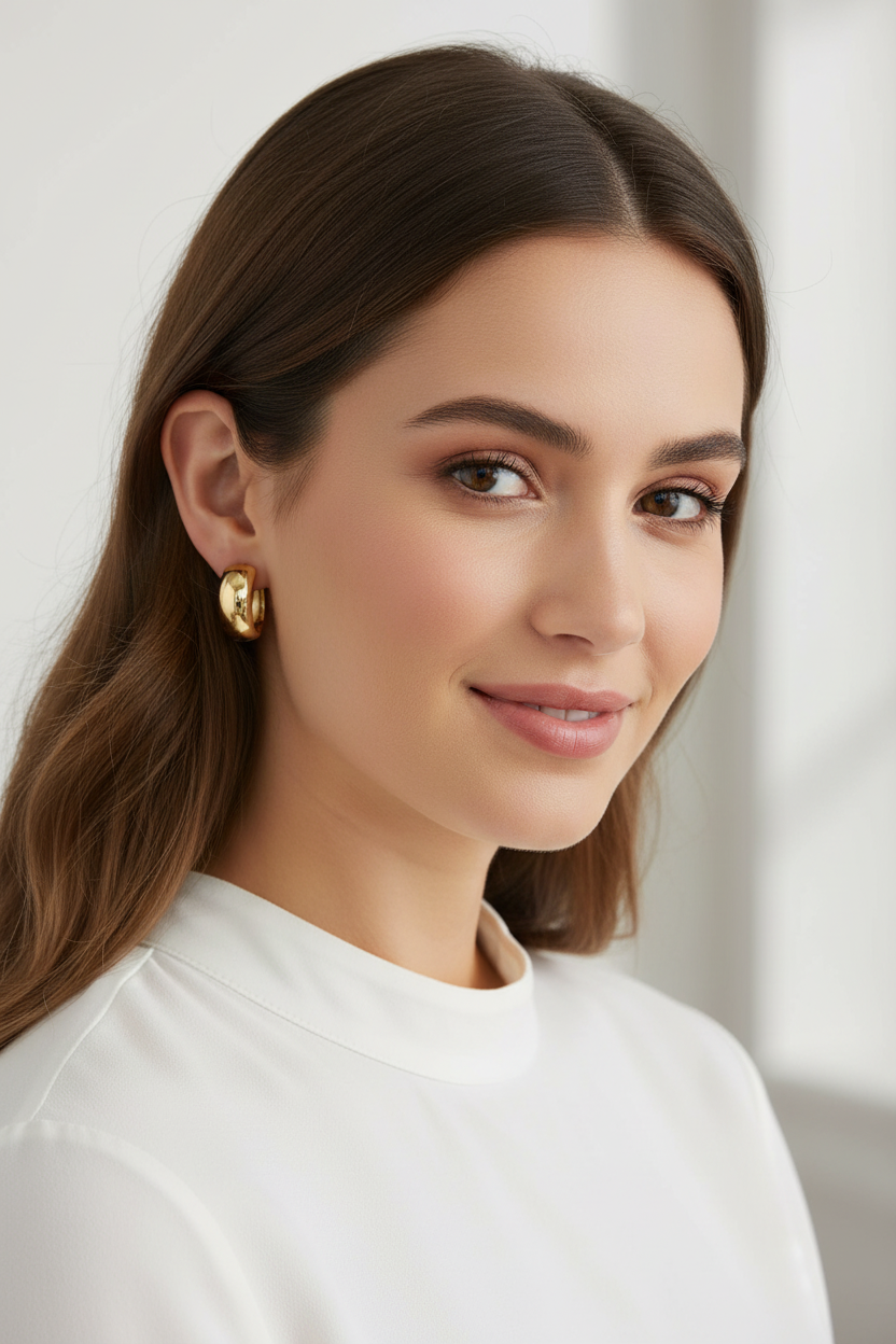 Modern woman wearing golden embrace huggies