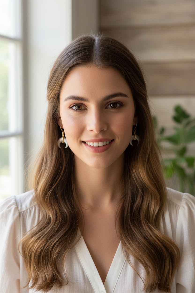Modern woman wearing lunar glow crescent drops