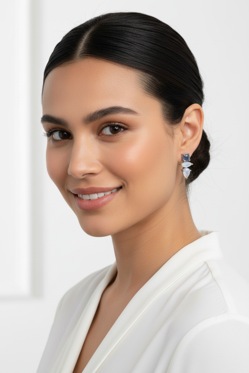 Modern woman wearing moonlit geometry studs