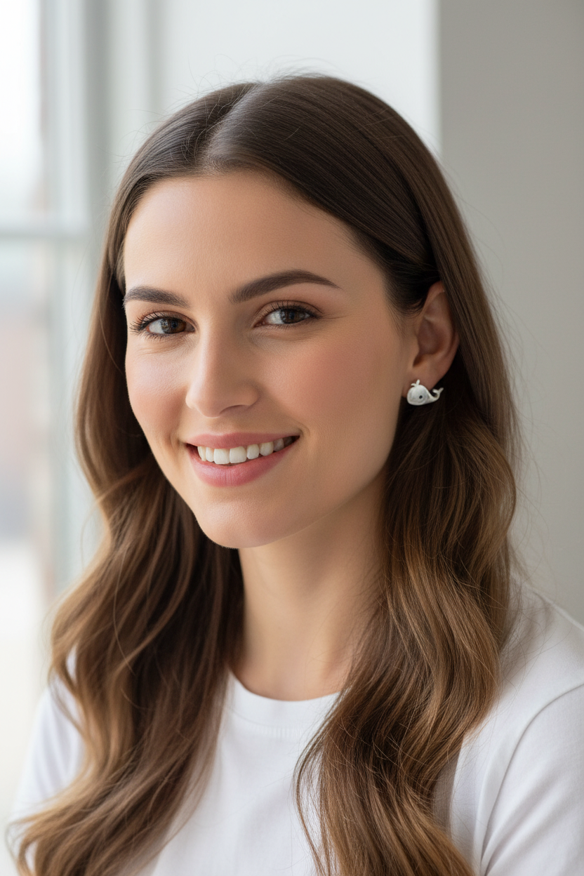 Modern woman wearing ocean's joy whale studs