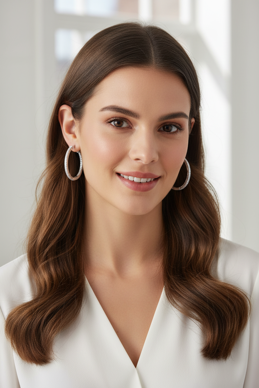 Modern woman wearing platinum circle of brilliance hoops