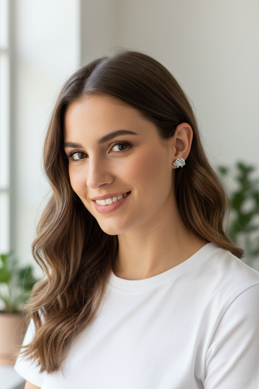 Modern woman wearing prickly charm hedgehog studs