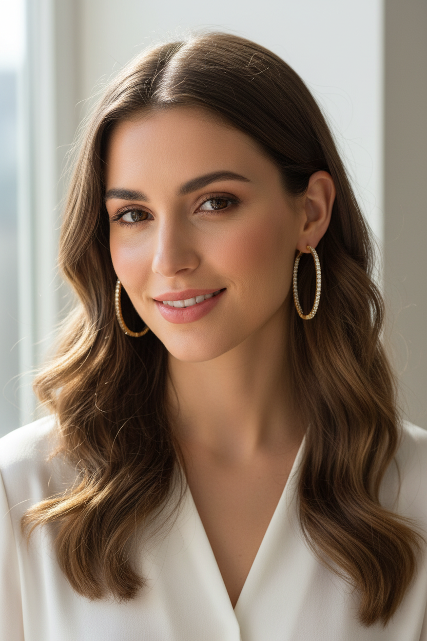 Modern woman wearing radiant oval embrace hoops