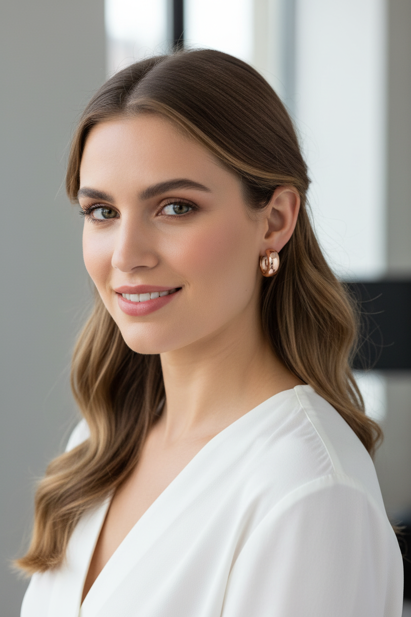 Modern woman wearing rose gold embrace huggies