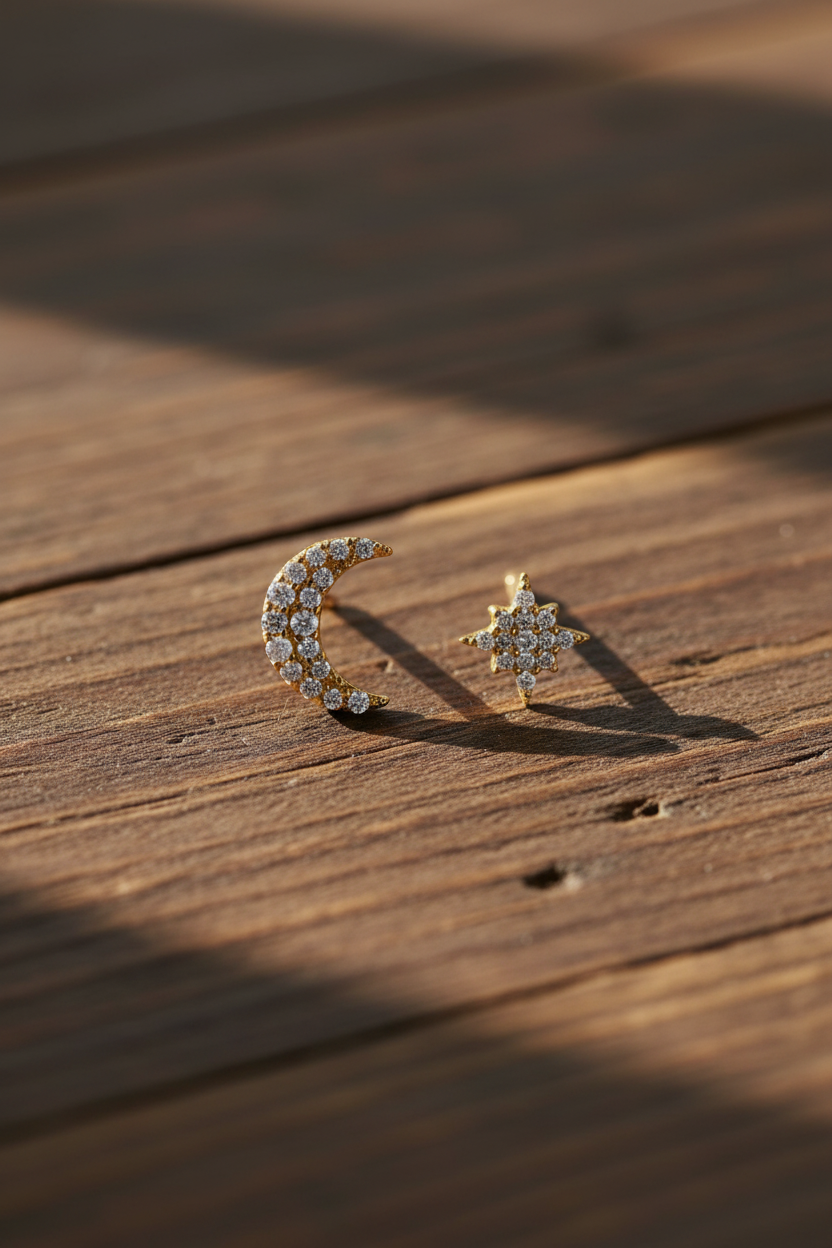 Moon and star studs on rustic wood