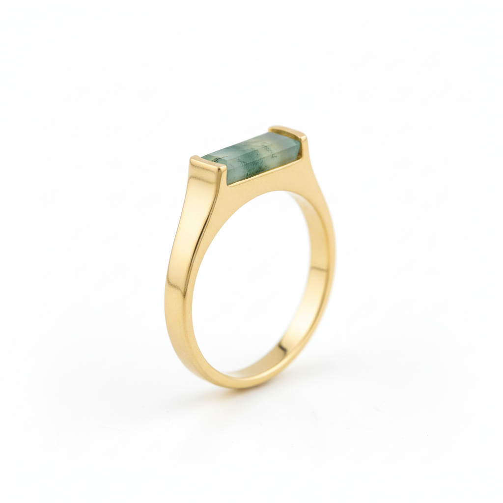 Moss Agate Gold Ring Upright White Background HD