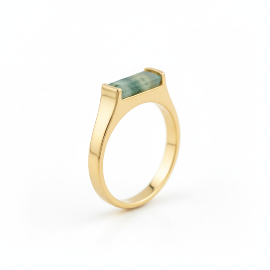 Moss Agate Gold Ring Upright White Background HD