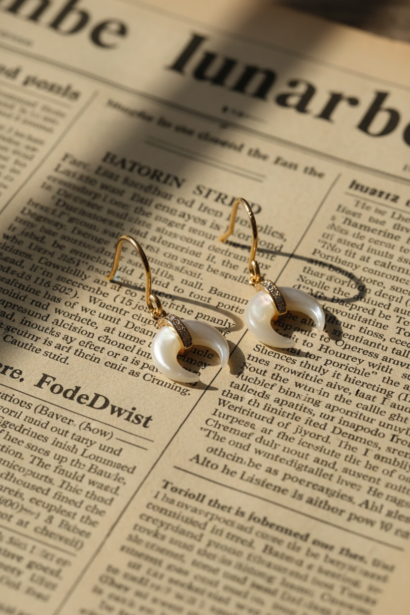 Mother of pearl crescent earrings on old newspaper