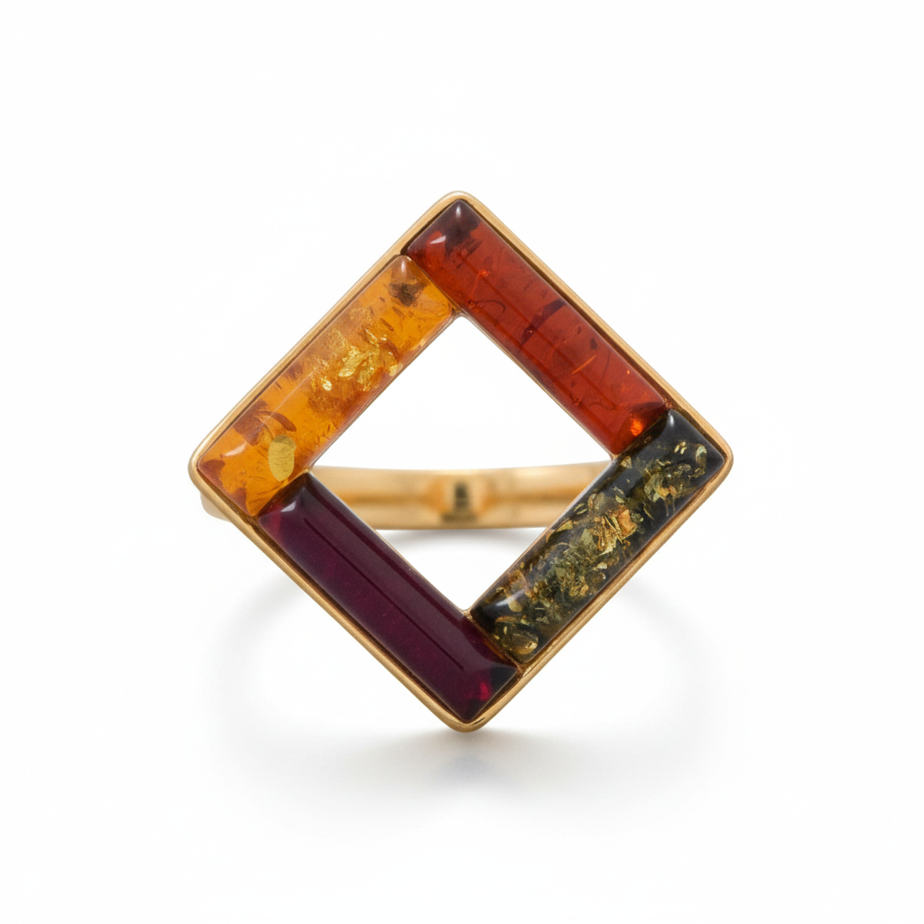 Multi-Color Amber Diamond Frame Ring Angled White Background HD