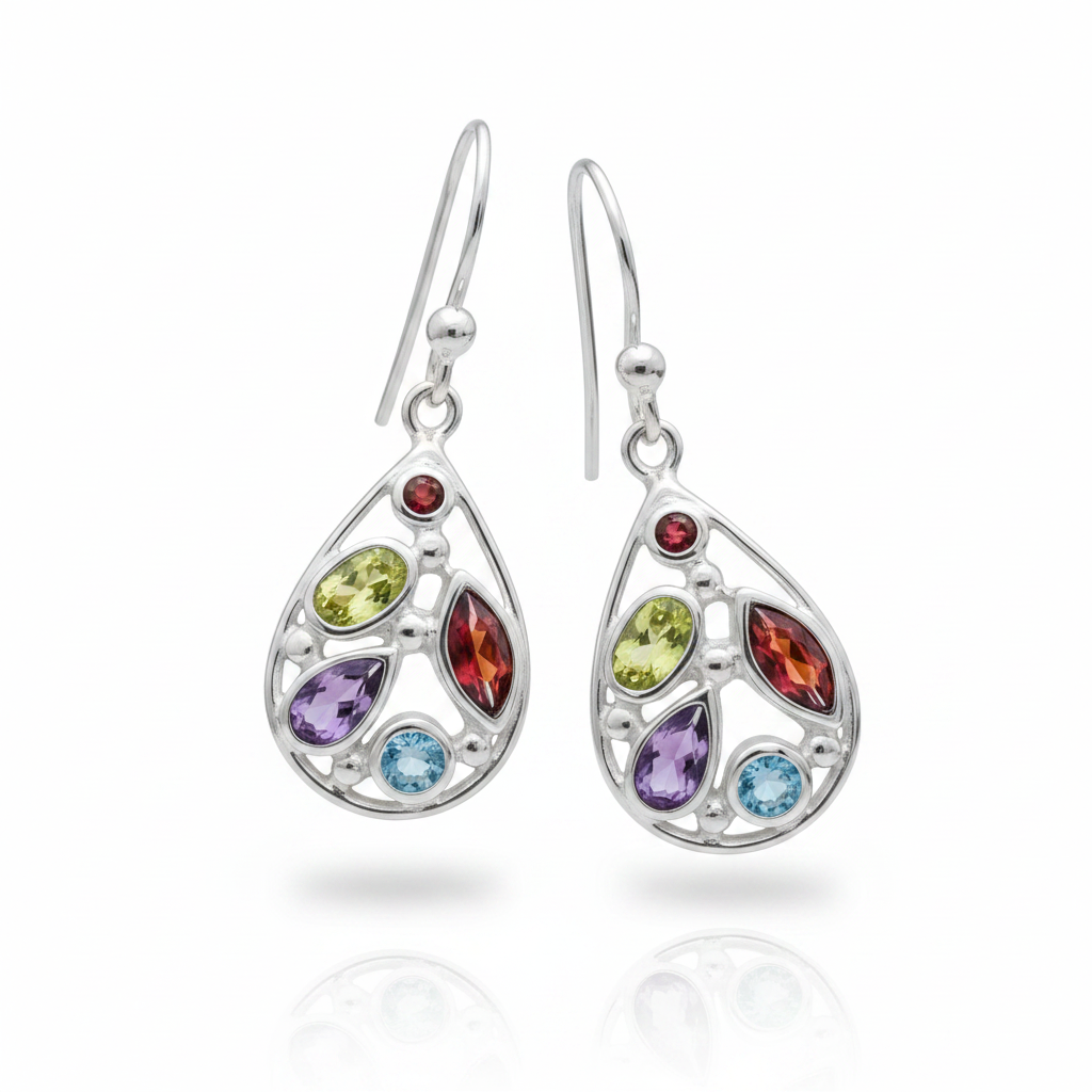 Multi-Gemstone Teardrop Silver Earrings - White Background