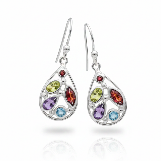 Multi-Gemstone Teardrop Silver Earrings - White Background