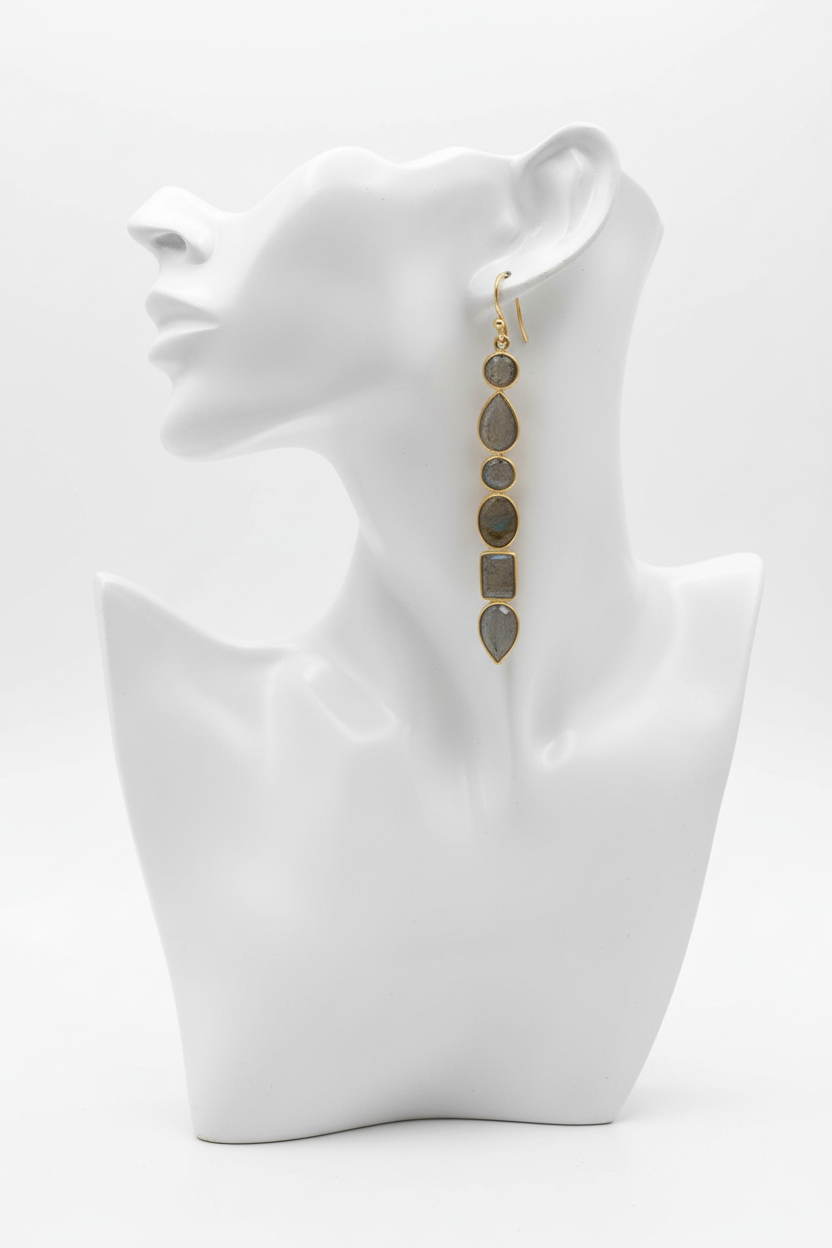 Multi-shape labradorite earrings on white mannequin
