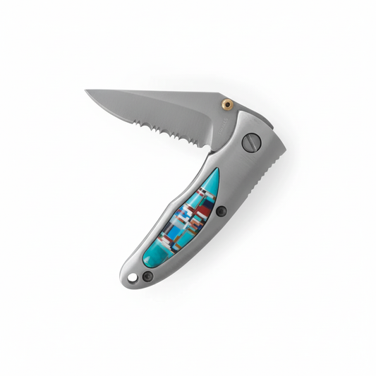Multi-stone inlay folding knife high-angle oblique view