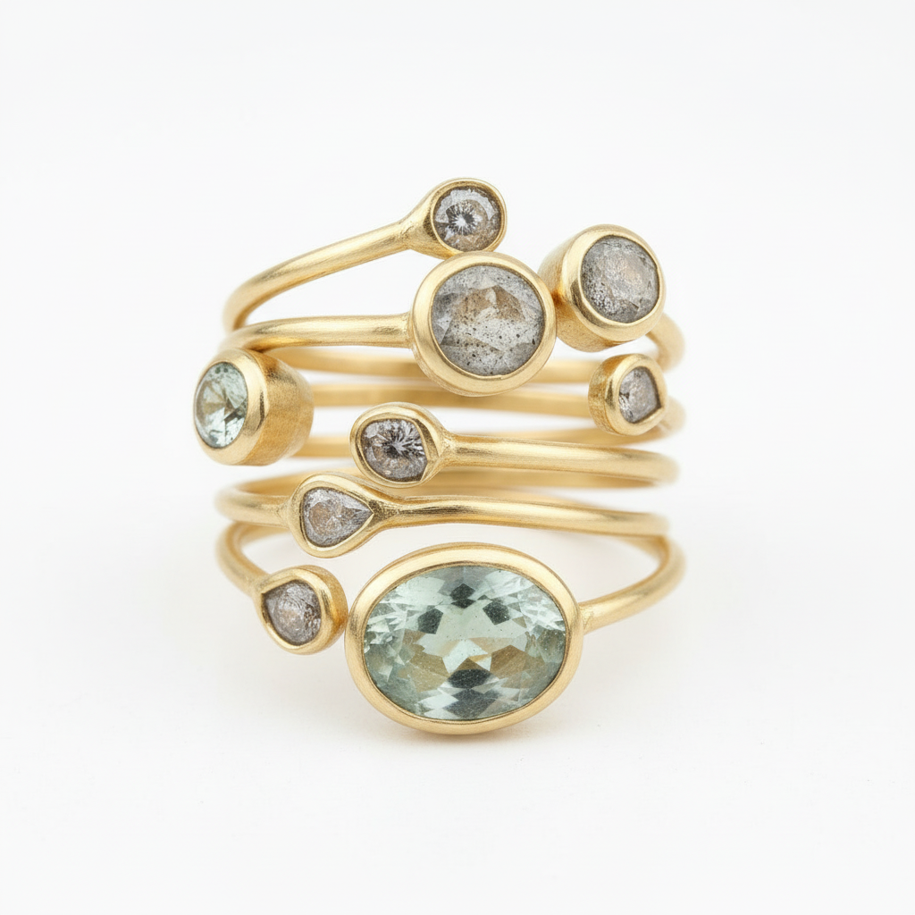 Multi Stone Spiral Wrap Gold Ring Pure White Background 1x1