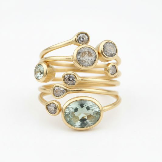 Multi Stone Spiral Wrap Gold Ring Pure White Background 1x1