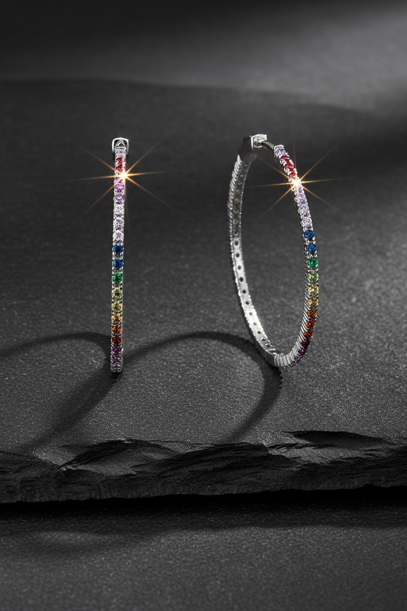 Multicolor CZ hoops on dark slate