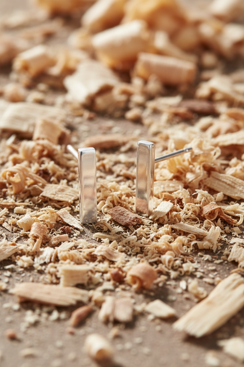 Natural Wood Shavings Silver Bar Studs