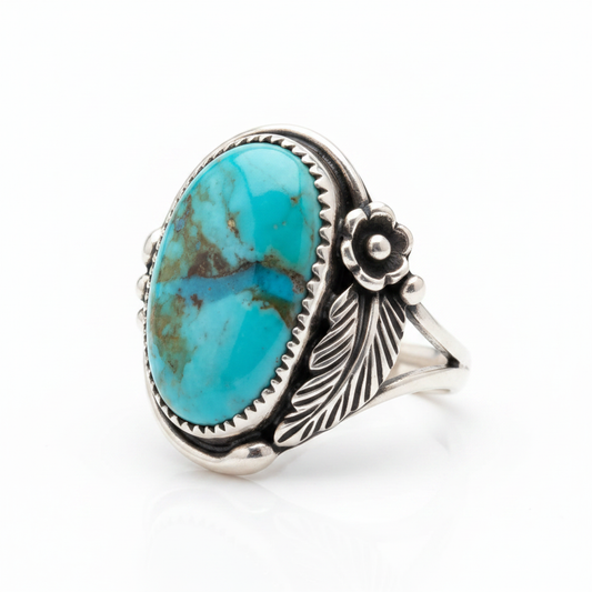 Navajo Style Turquoise Oval Flower Leaf Silver Ring Pure White Background Tilted Reflection 1x1